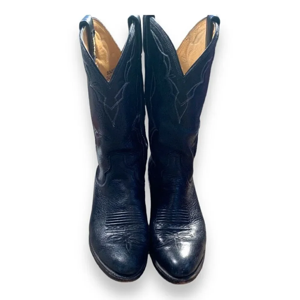Vintage Dan Post Cowboy Boots Black Leather Unisex White Stitching Western‎ 9